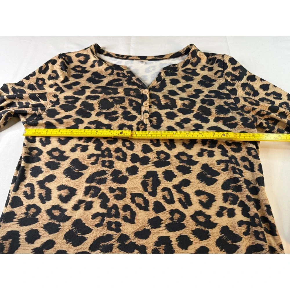 Womens Leopard Print Long Sleeve Henley Shirt Tan Black Animal Pattern Top Small